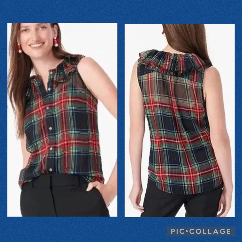 J. Crew Sleeveless Ruffle-Collar Plaid Top in Black Stewart Tartan